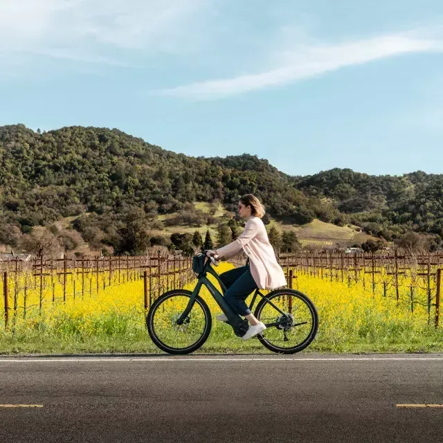 Frau fährt Fahrrad in Napa